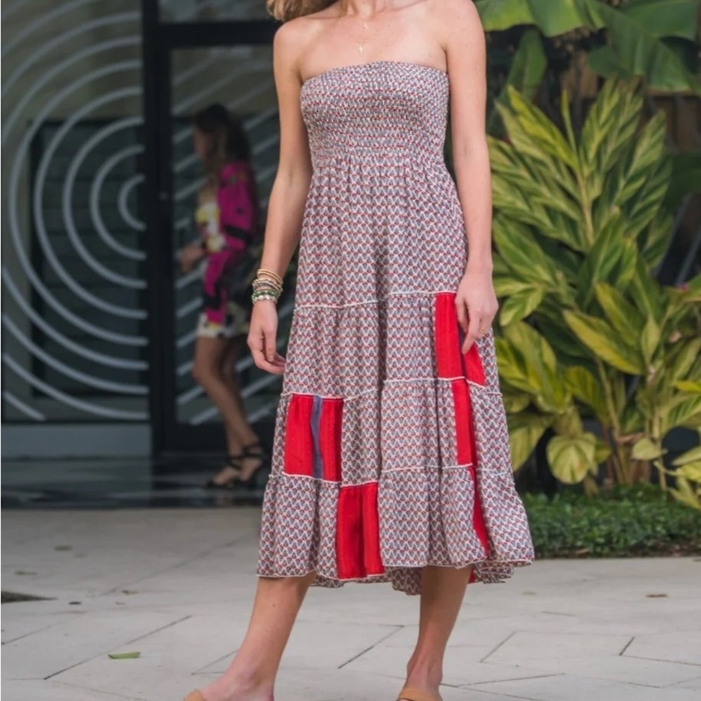 NWT Perry Walker Collective Catherine Midi Dress Silk Blend Periwinkle & Red